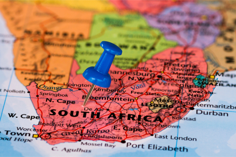 Blue pushpin on map of South Africa