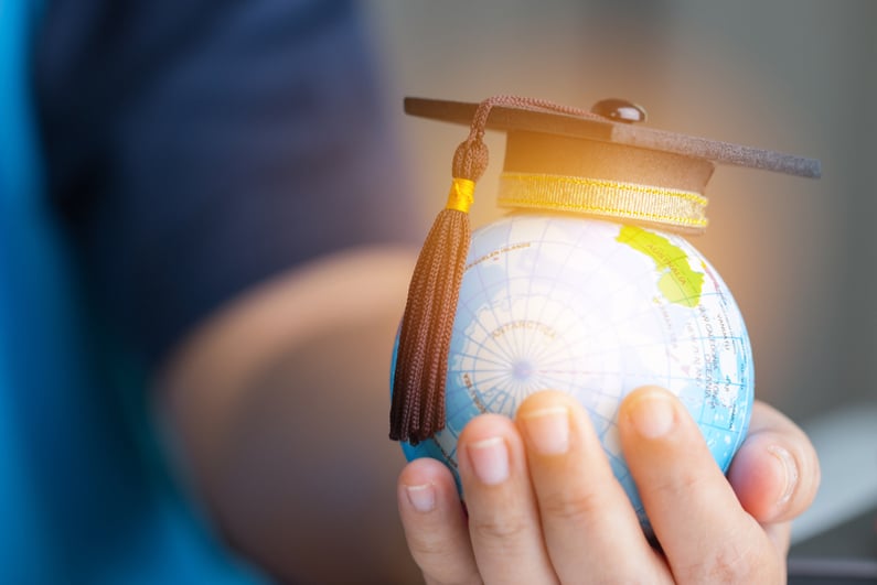 Graduation cap on model of globe