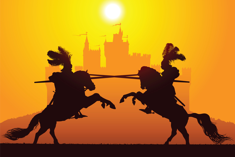 Two knights jousting in silhouette