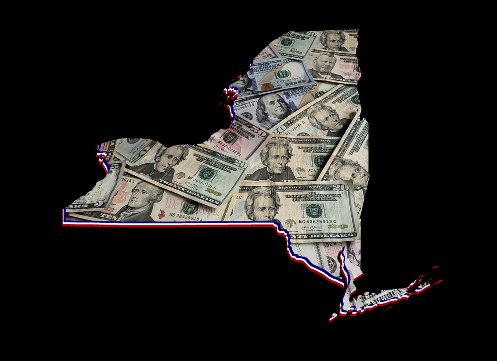 New York state map covered in dollars