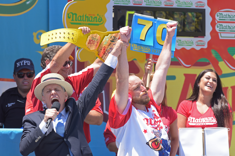 Joey Chestnut winning Nathan's Hot Dog Eating Contest